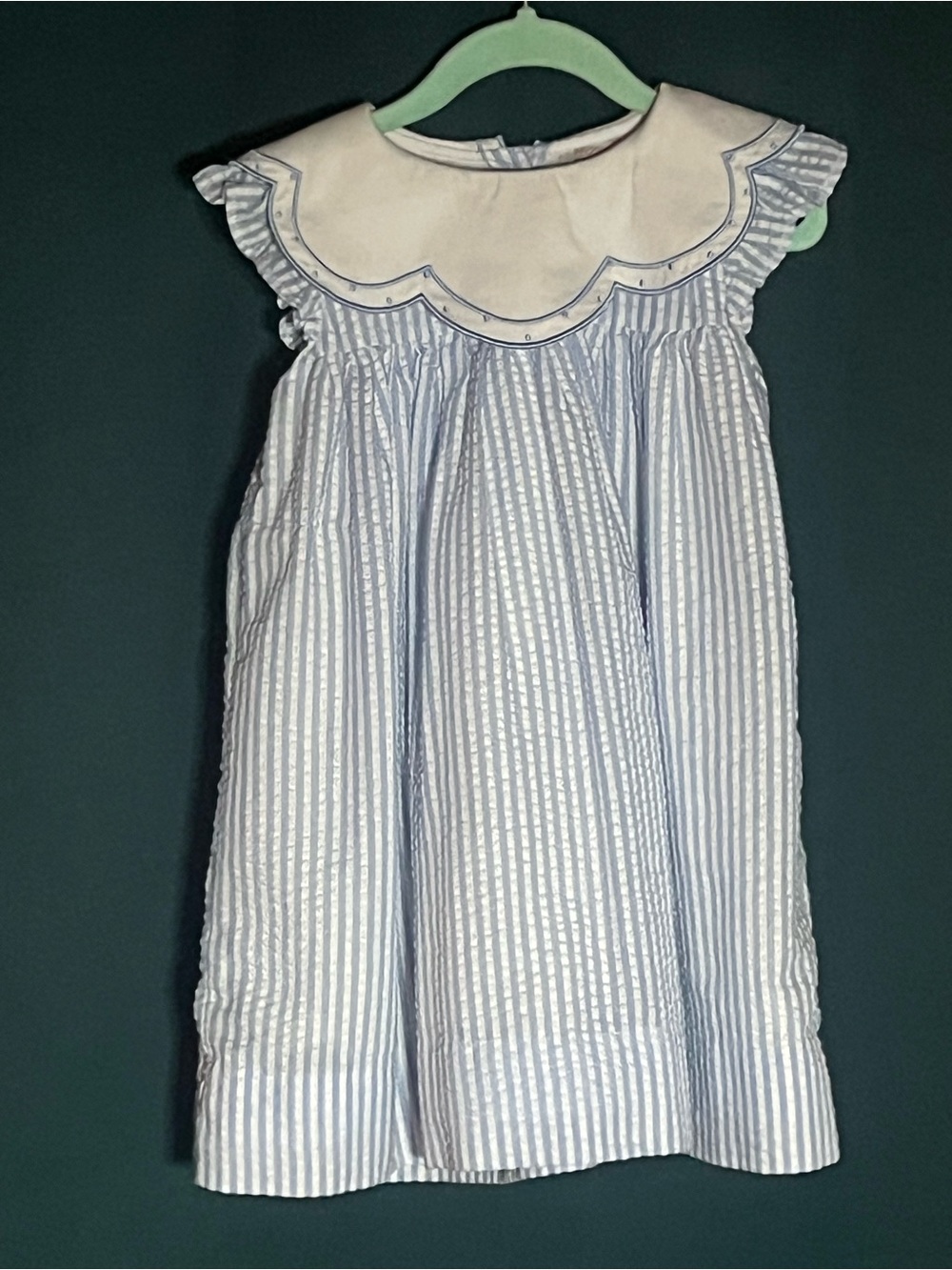 Girls' Blue and White Striped Scallop Collar Dress